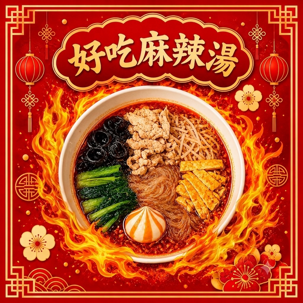 赤い背景に麻辣湯の器を配した好吃麻辣湯のビジュアル